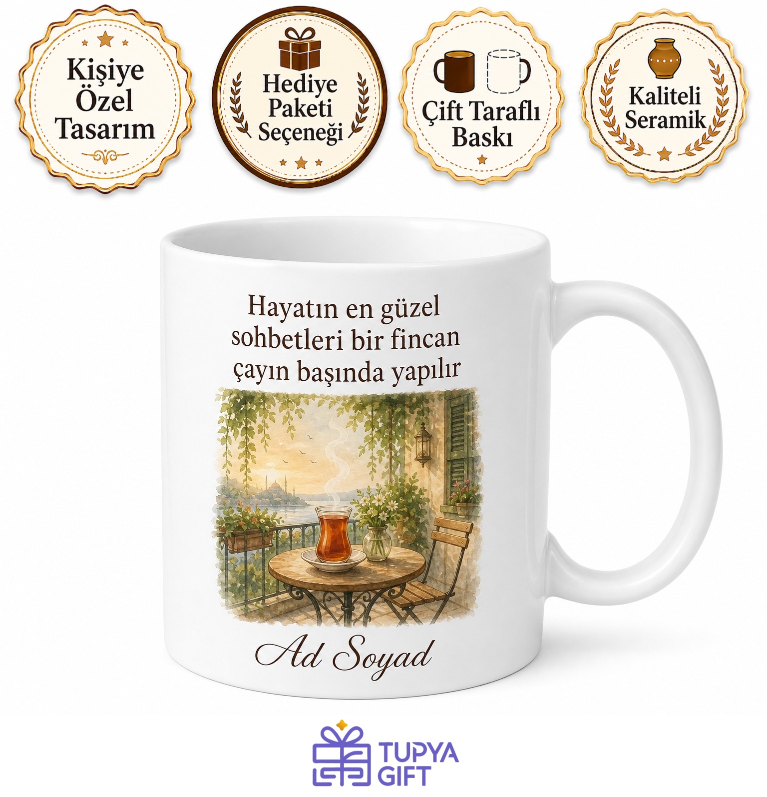 Terasta Çay Saati Yazılı Baskılı Kupa Bardak Hediye Porselen Mug