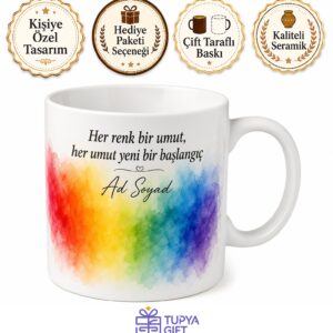 Gökkuşağı Renkli Baskılı Kupa Bardak Hediye Özel Tasarım Porselen Mug
