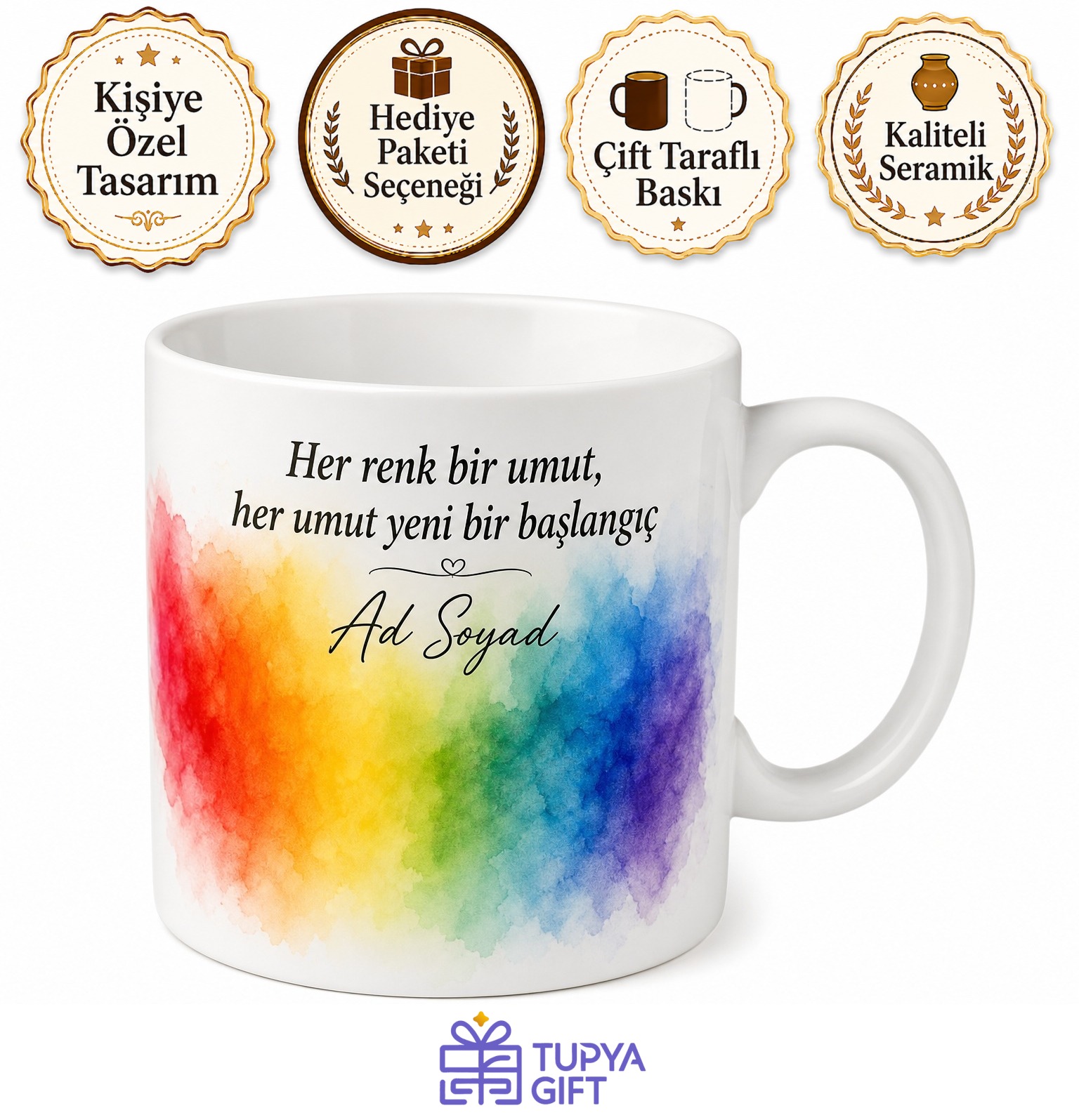 Gökkuşağı Renkli Baskılı Kupa Bardak Hediye Özel Tasarım Porselen Mug