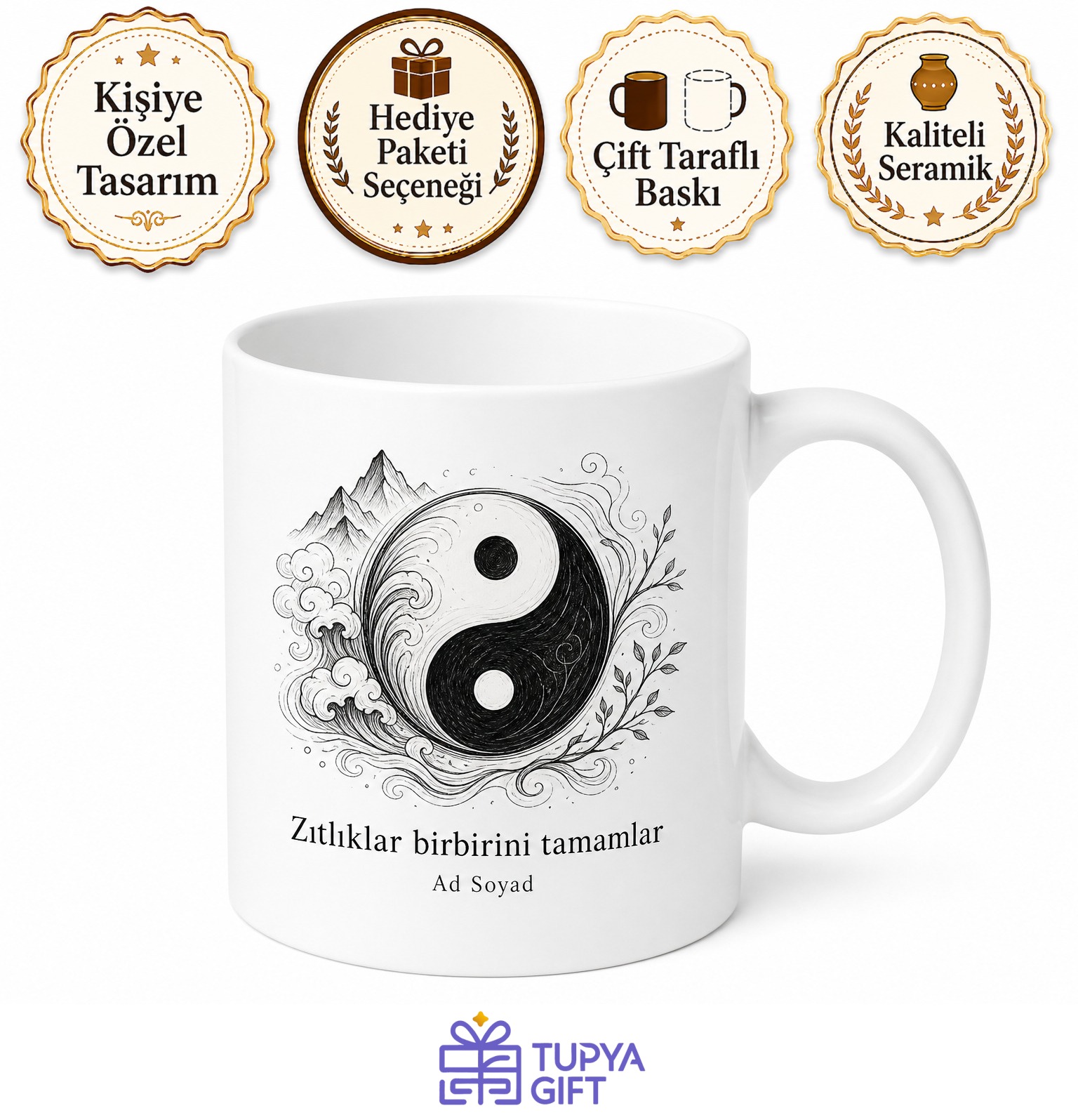 Yin Yang Simgesi Çizimli Zıtlıkların Uyumu Felsefik Kupa Bardak Hediye