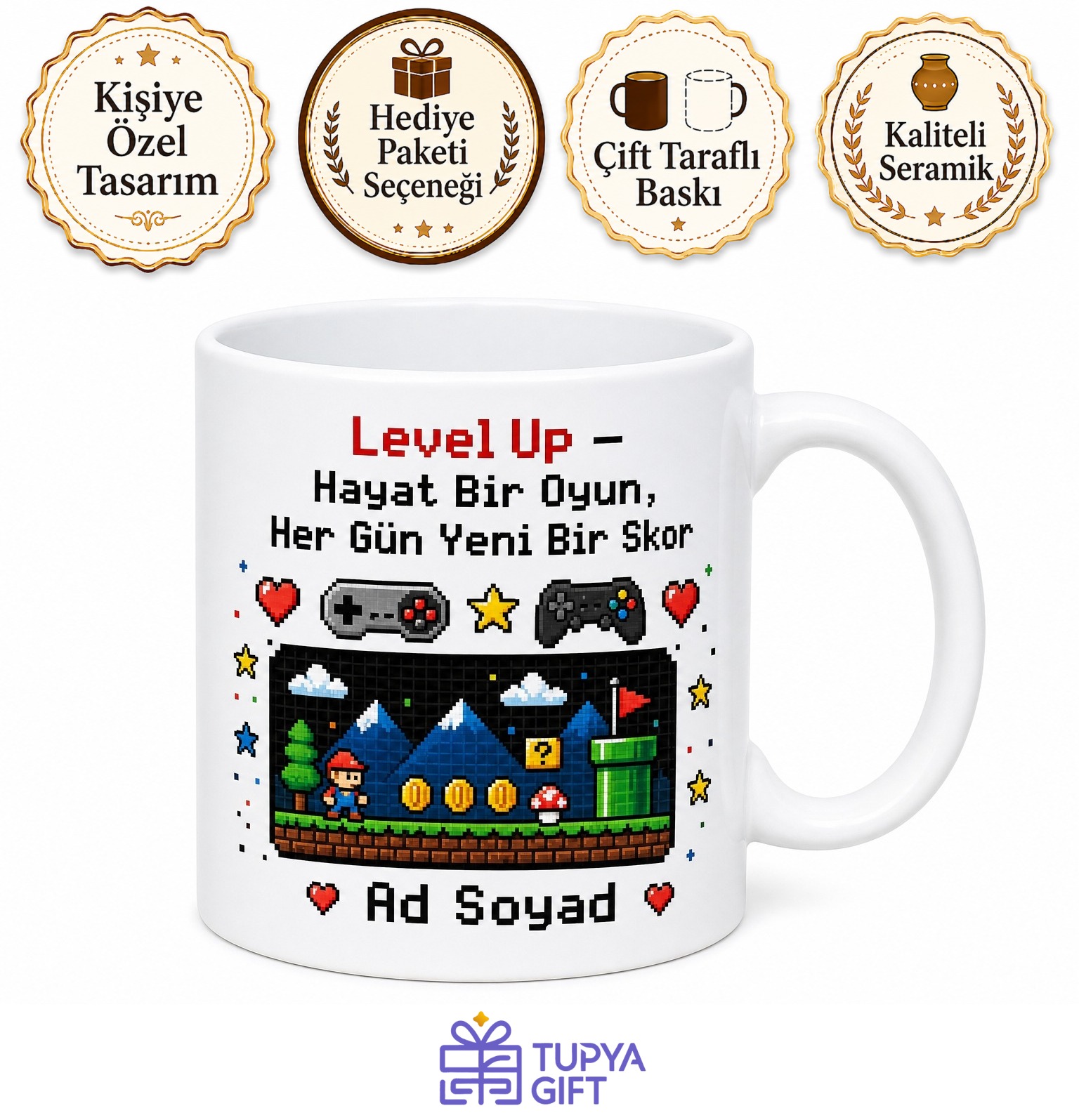 Bit Temalı Retro Oyuncu Baskılı Kupa Bardak Gamer Hediye Porselen Mug