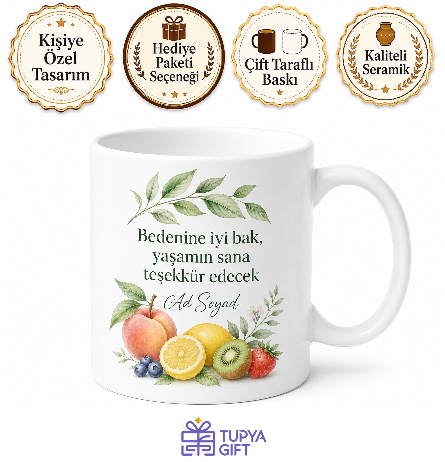 Sağlıklı Yaşam Temalı Özel Tasarım Baskılı Porselen Kupa Bardak Hediye