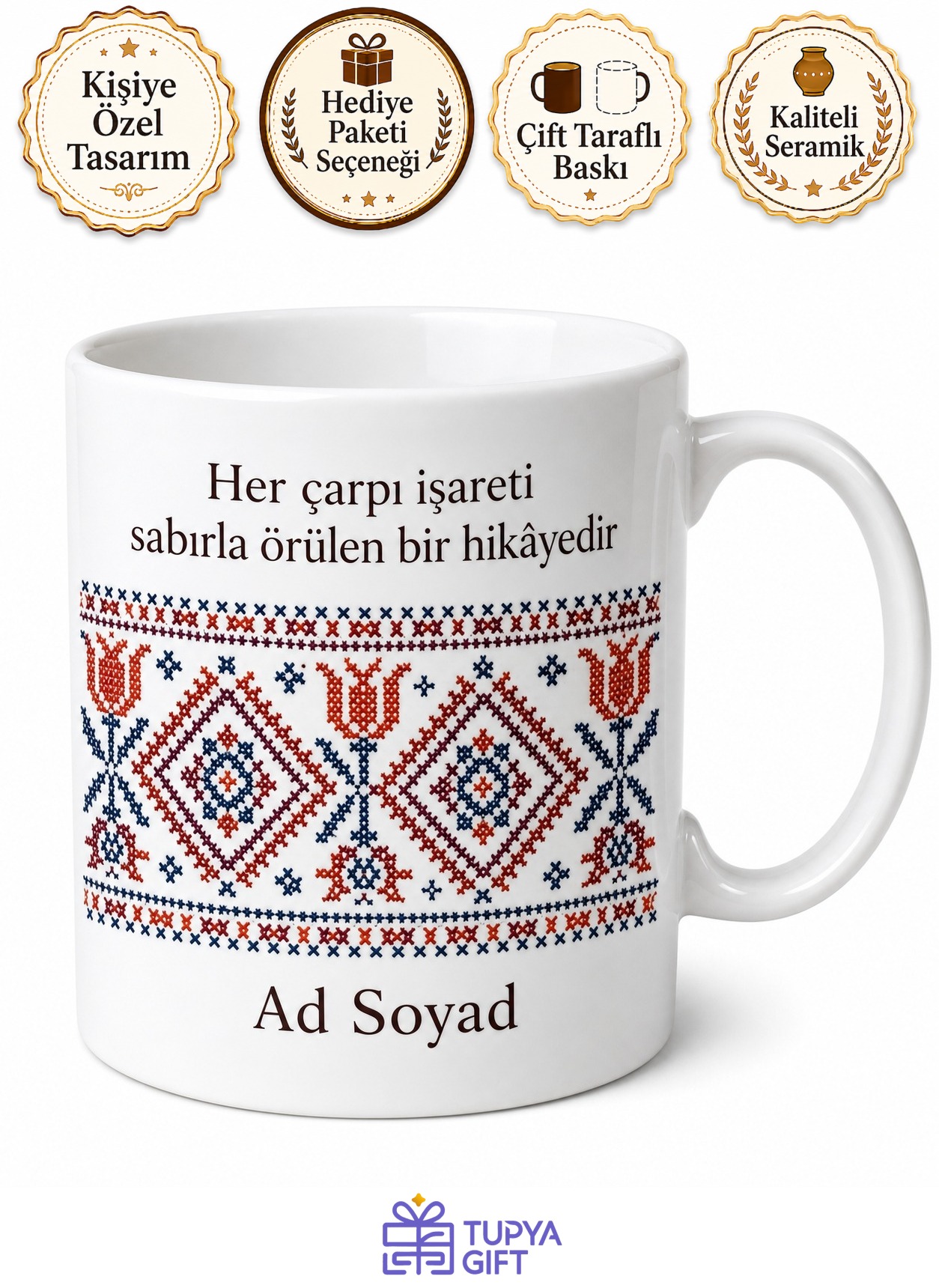 Kanaviçe İşleyenlere Çarpı İşareti Ve Geleneksel Motif Çay Kupası Hediye Bardak