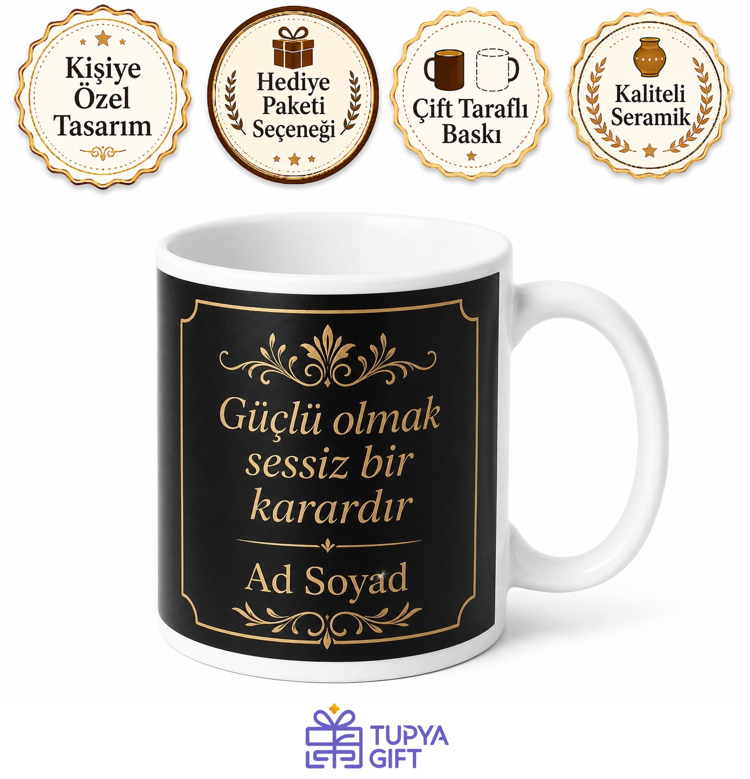 Siyah Mat Zemin Altın Harf Baskılı Lüks Kadın Kupa Bardak Özel Tasarım Hediye