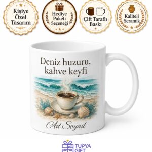 Kişiye Özel Deniz ve Kahve Temalı Kupa Bardak İsimli Hediye