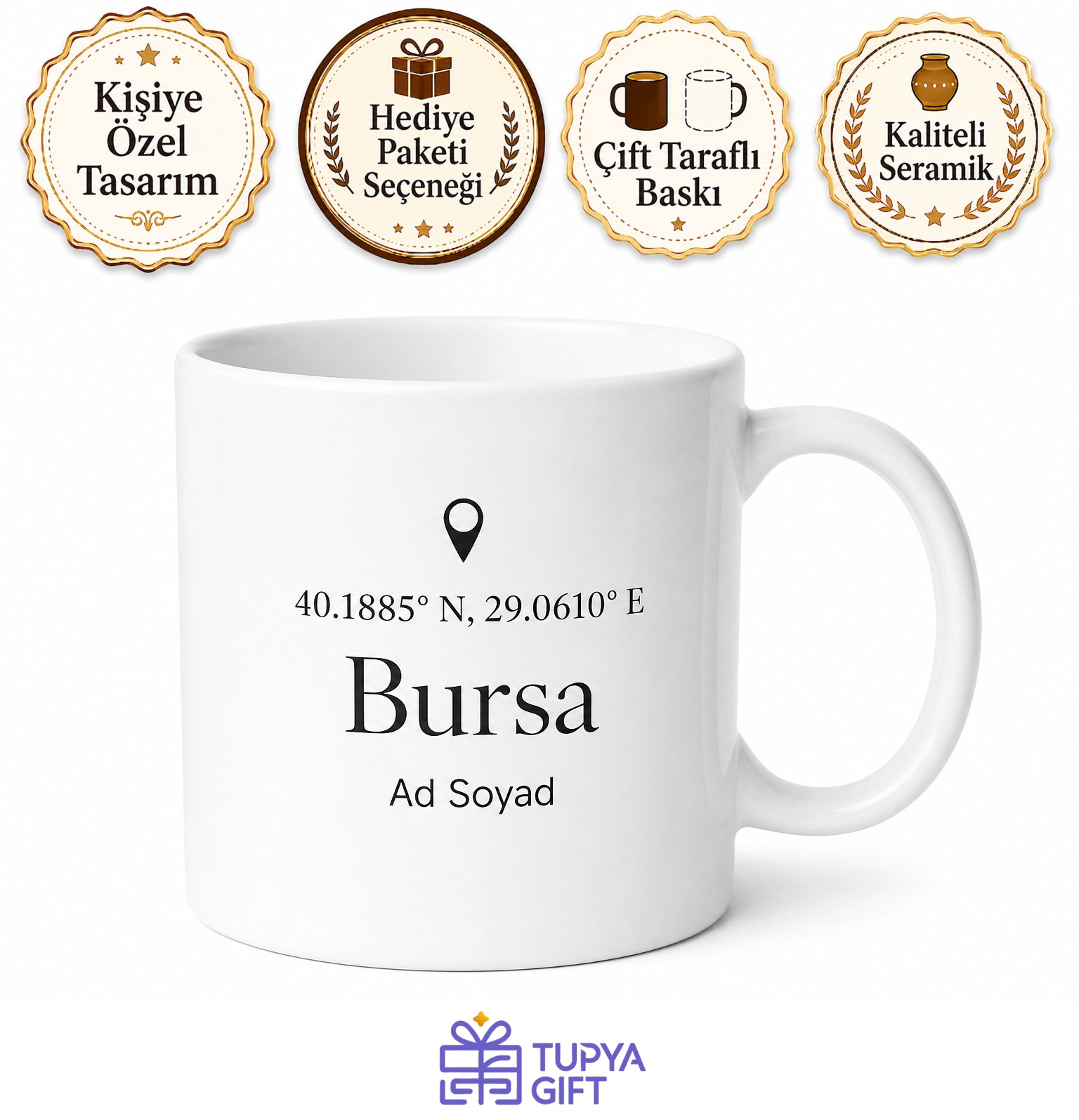 Kişiye Özel Memleket Koordinat Temalı Baskılı Kupa Bardak Hediye