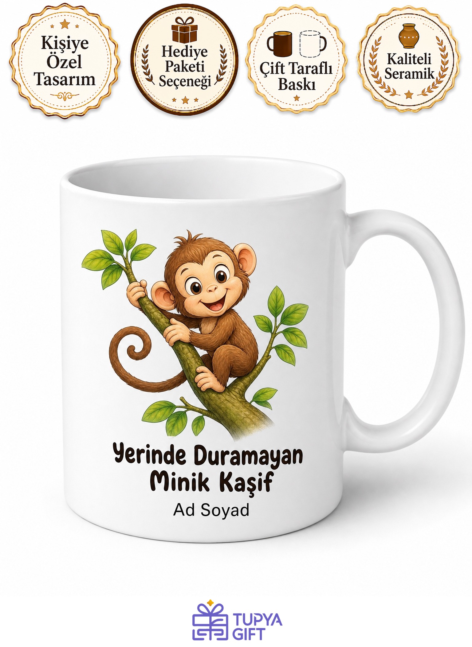 Ağaca Tırmanan Maymun Çizimli Yerinde Duramayan Yaramaz Çocuk Kupa Bardak Hediye