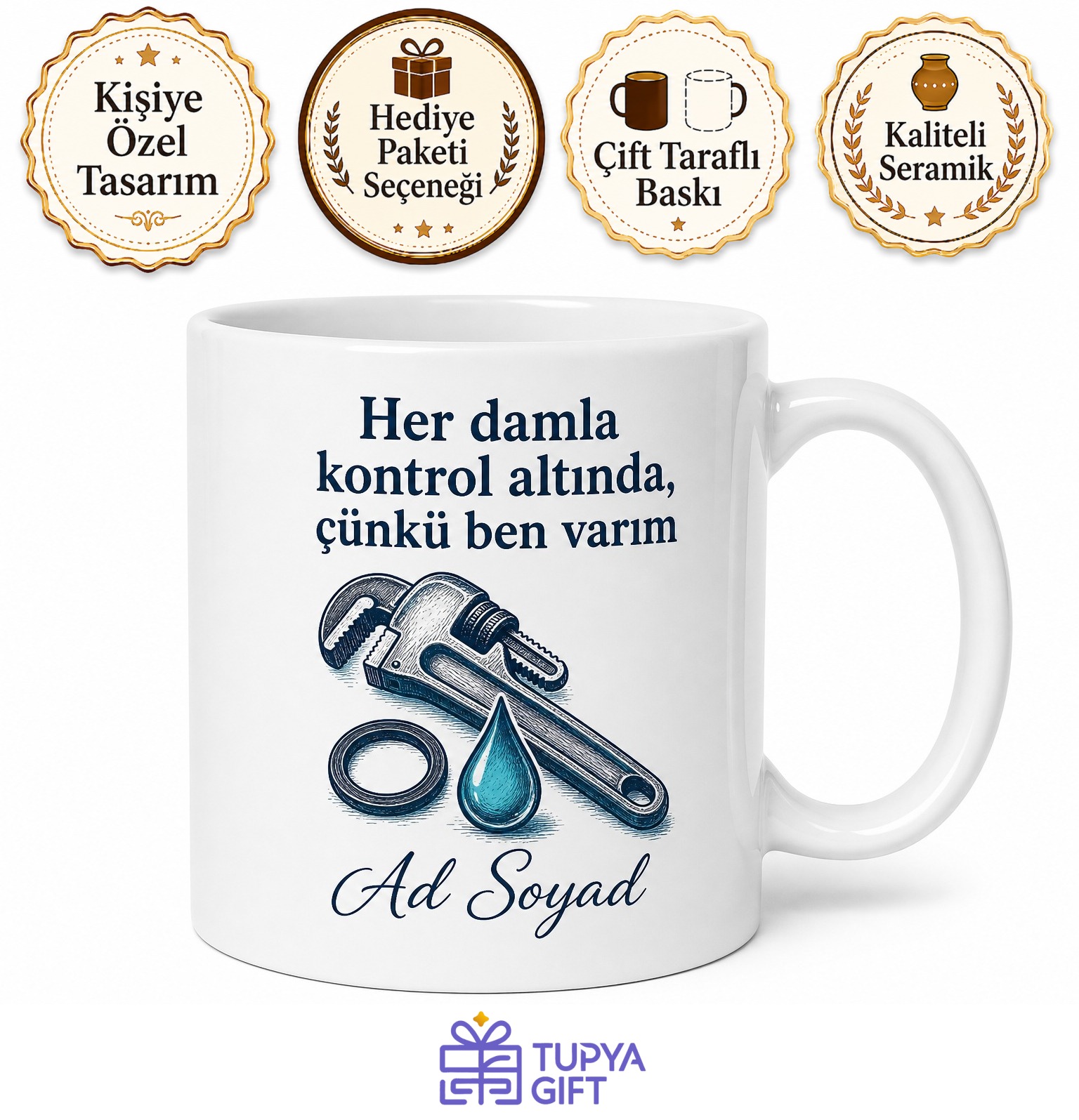 Su Tesisatçısına Hediye Sızıntı Tamiri Conta Boru Anahtarı Baskılı Kupa Bardak