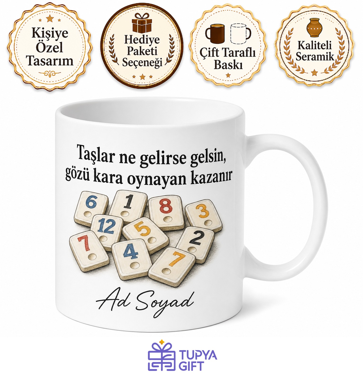 Okey Oyuncusu Risk Almayı Seven Gözü Kara Baskılı Porselen Kupa Bardak Hediye
