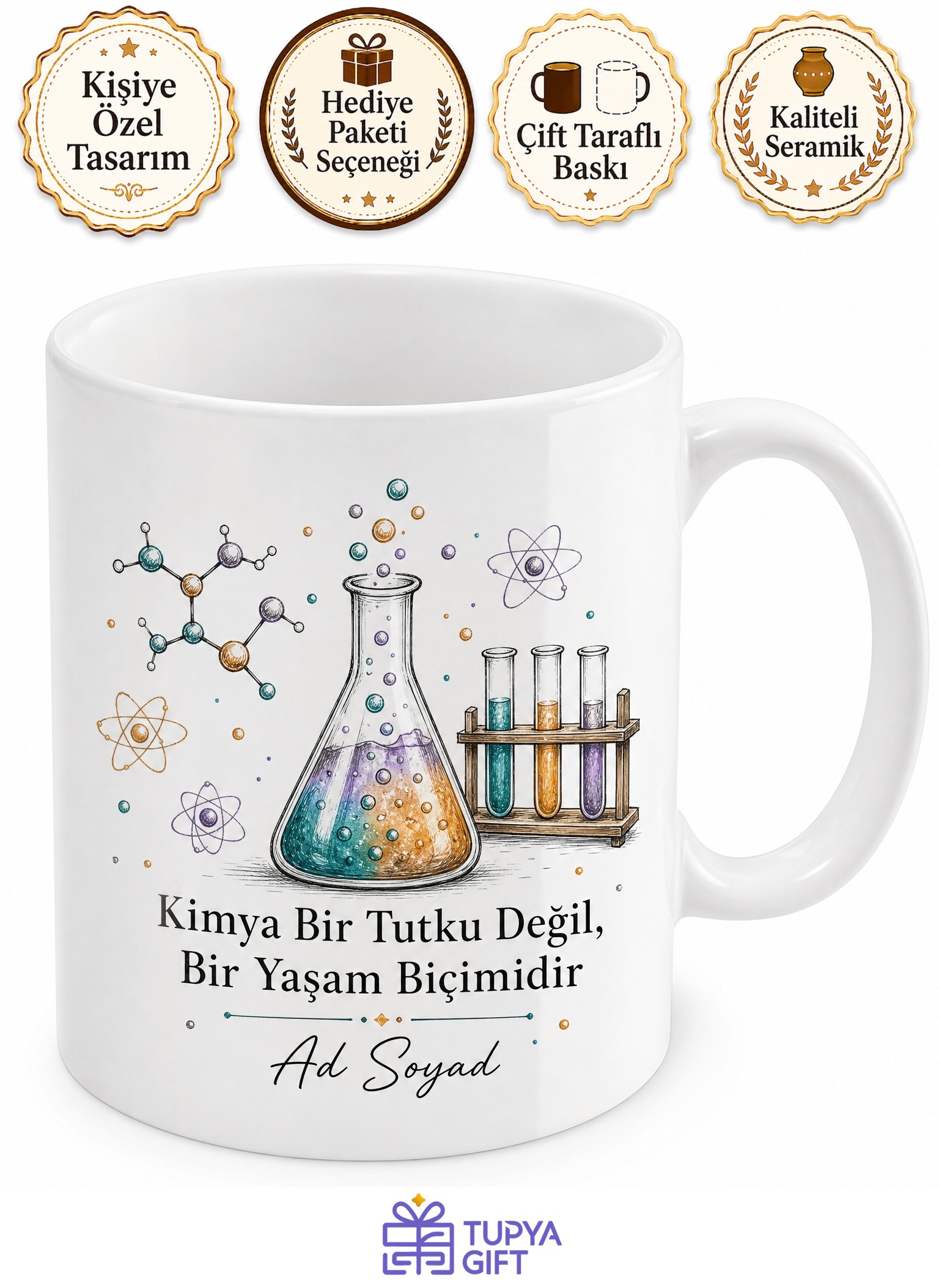 Kimya Sever İçin Kişiye Özel Deney Temalı Baskılı Kupa Bardak Hediye