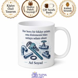 Su Tesisatçısına Hediye Conta Sızıntı Tamiri Boru Anahtarı Temalı Porselen Kupa Bardak