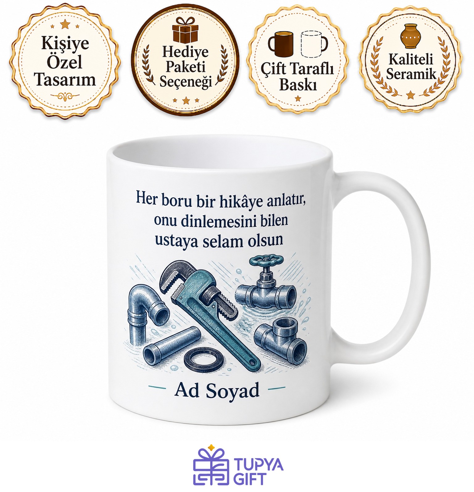 Su Tesisatçısına Hediye Conta Sızıntı Tamiri Boru Anahtarı Temalı Porselen Kupa Bardak