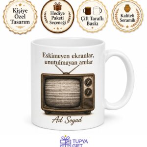 Eski TV Temalı Nostaljik Baskılı Kupa Bardak Retro Televizyon Hediye