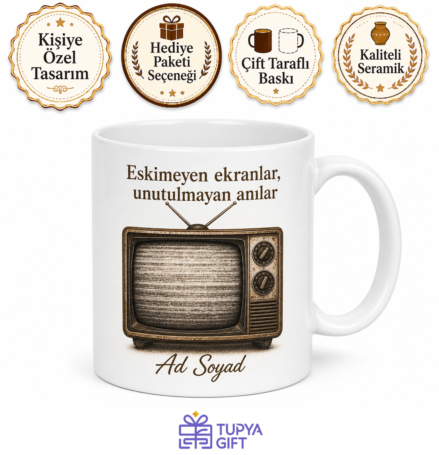 Eski TV Temalı Nostaljik Baskılı Kupa Bardak Retro Televizyon Hediye