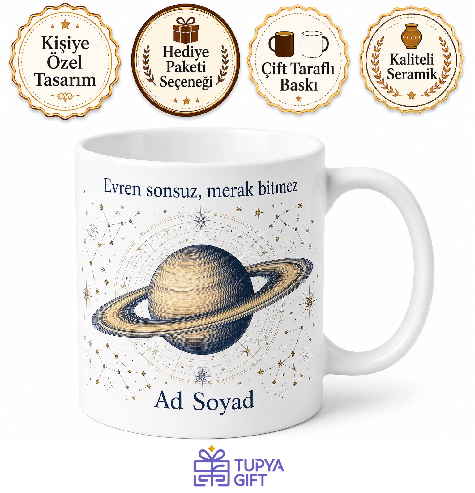 Yıldızları Gözlemleyenlere Astronomik Harita Satürn Çizimli Kupa Bardak Hediye