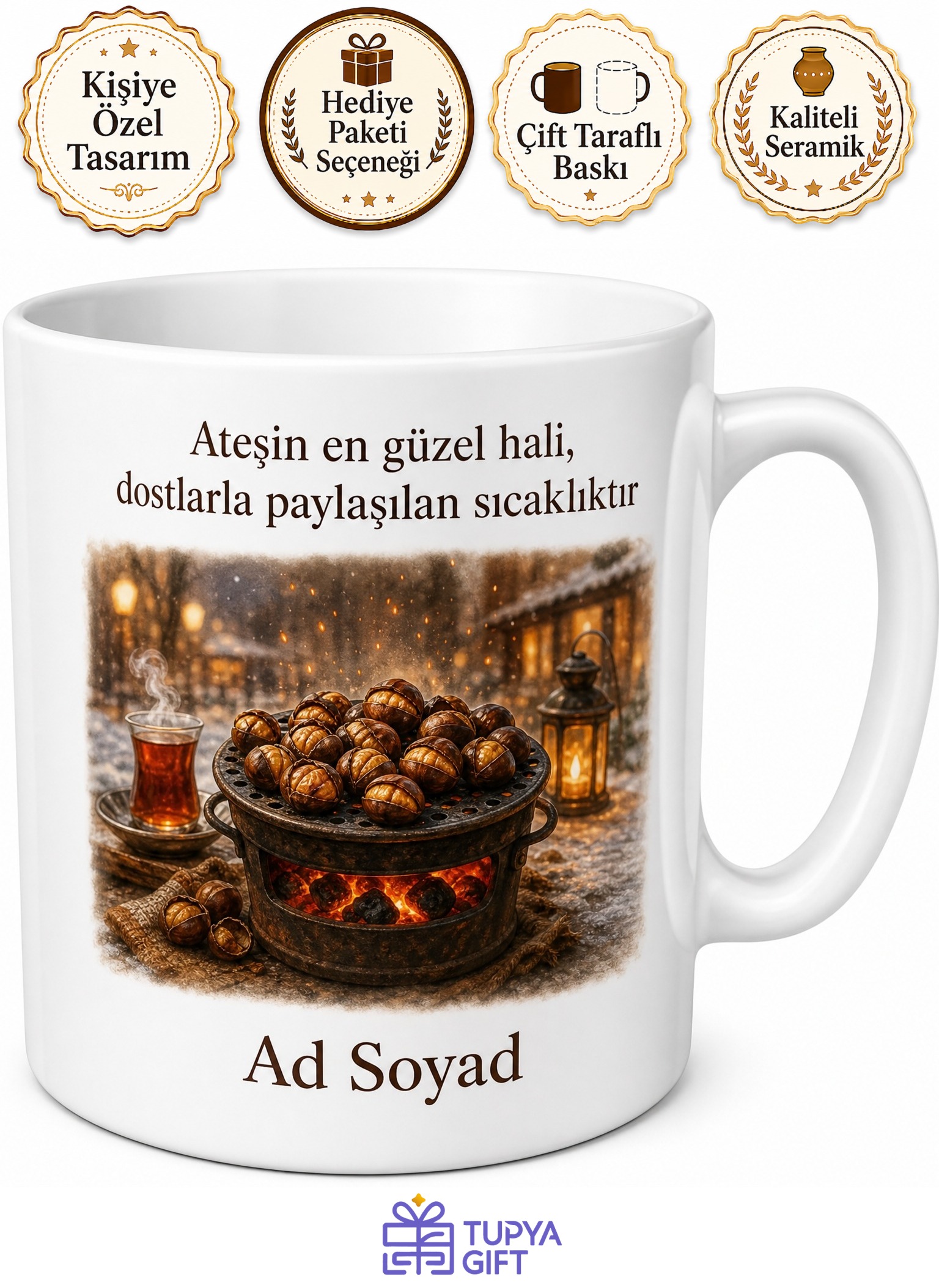 Kestaneciye Hediye Sobada Kestane Kış Akşamı Nostaljisi Kömür Ateşi Baskılı Porselen Kupa Bardak