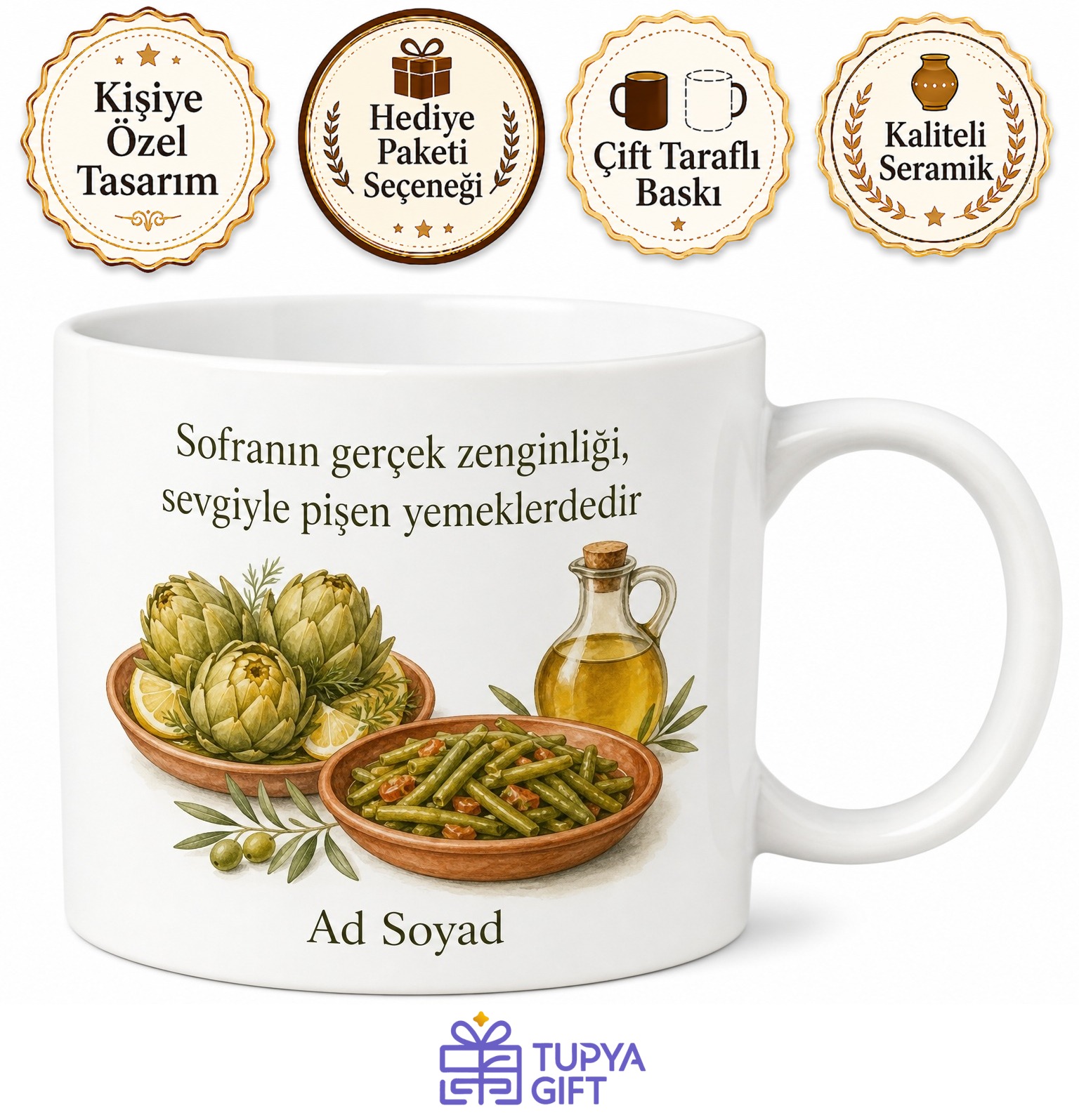 Zeytinyağlı Yemek Temalı Baskılı Kupa Bardak Hediye Porselen Mug