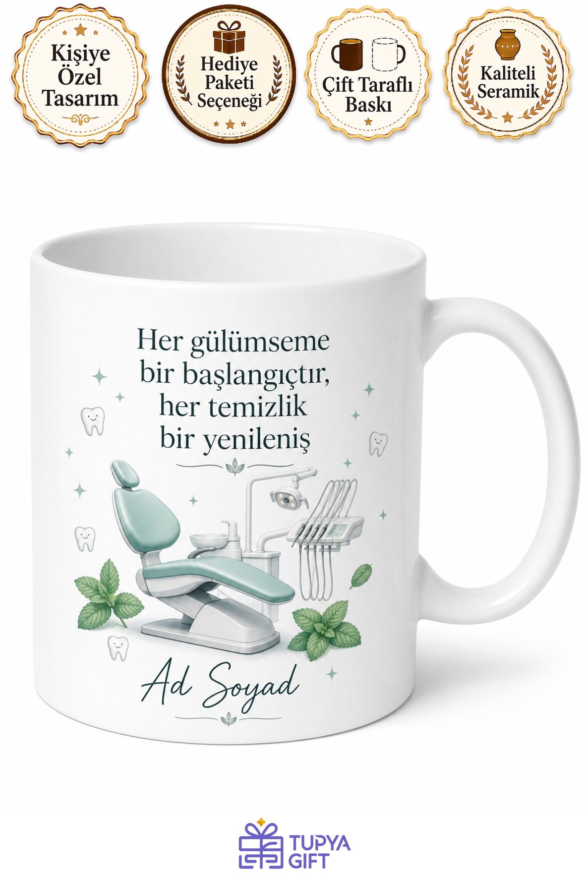 Diş Taşı Temizliği Ferah Nefes Diş Hekimi Koltuğu Temalı Baskılı Kupa Bardak Hediye
