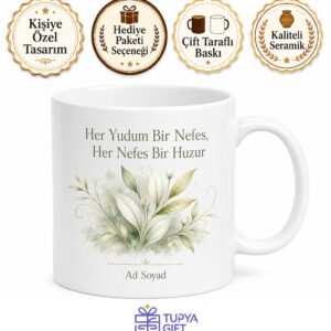 Beyaz Çay Temalı Özel Tasarım Baskılı Kupa Bardak Hediye Porselen Mug