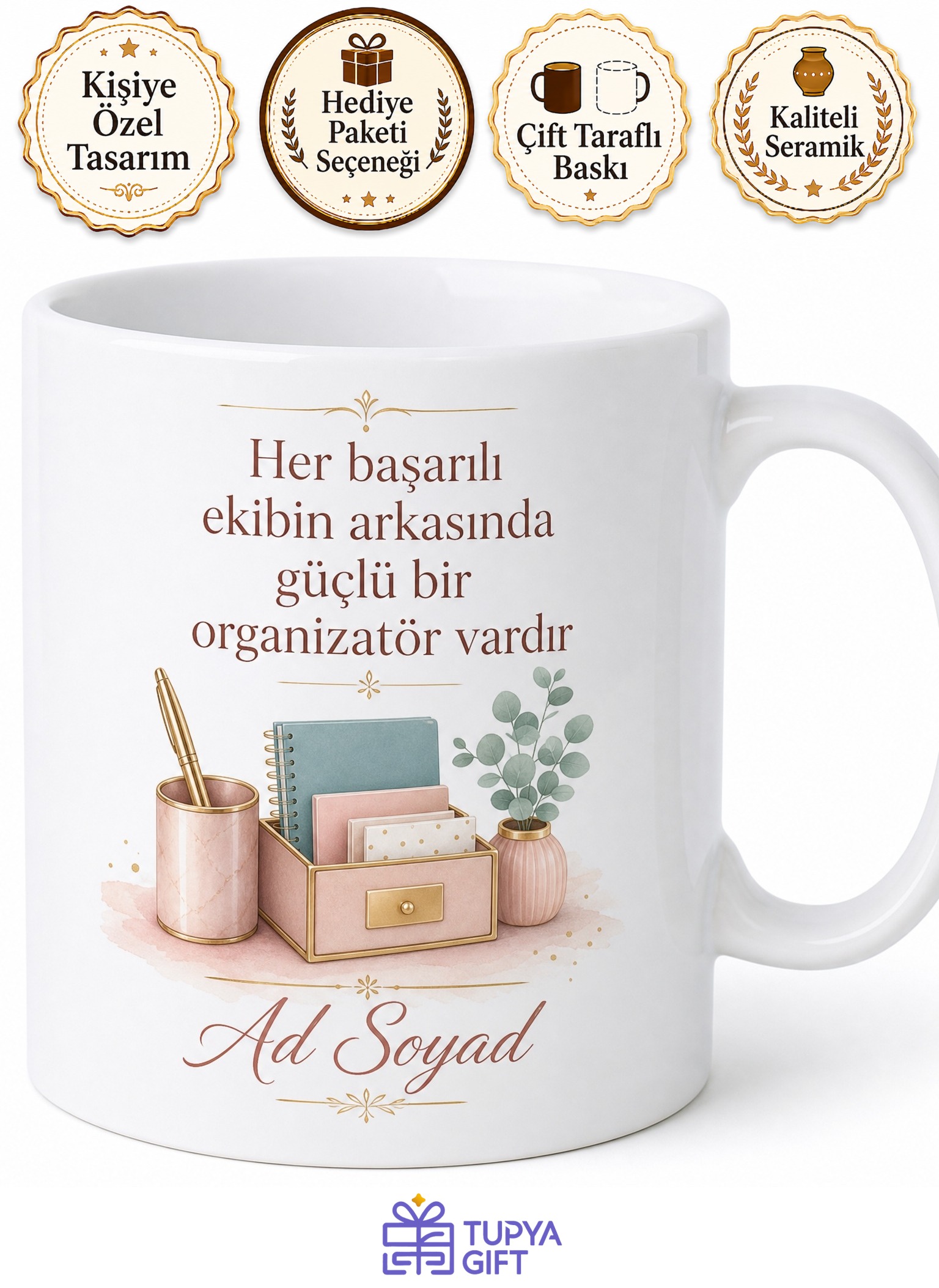 Sekreter Günü Hediyesi İsimli Baskılı Kupa Bardak Özel Tasarım Hediye