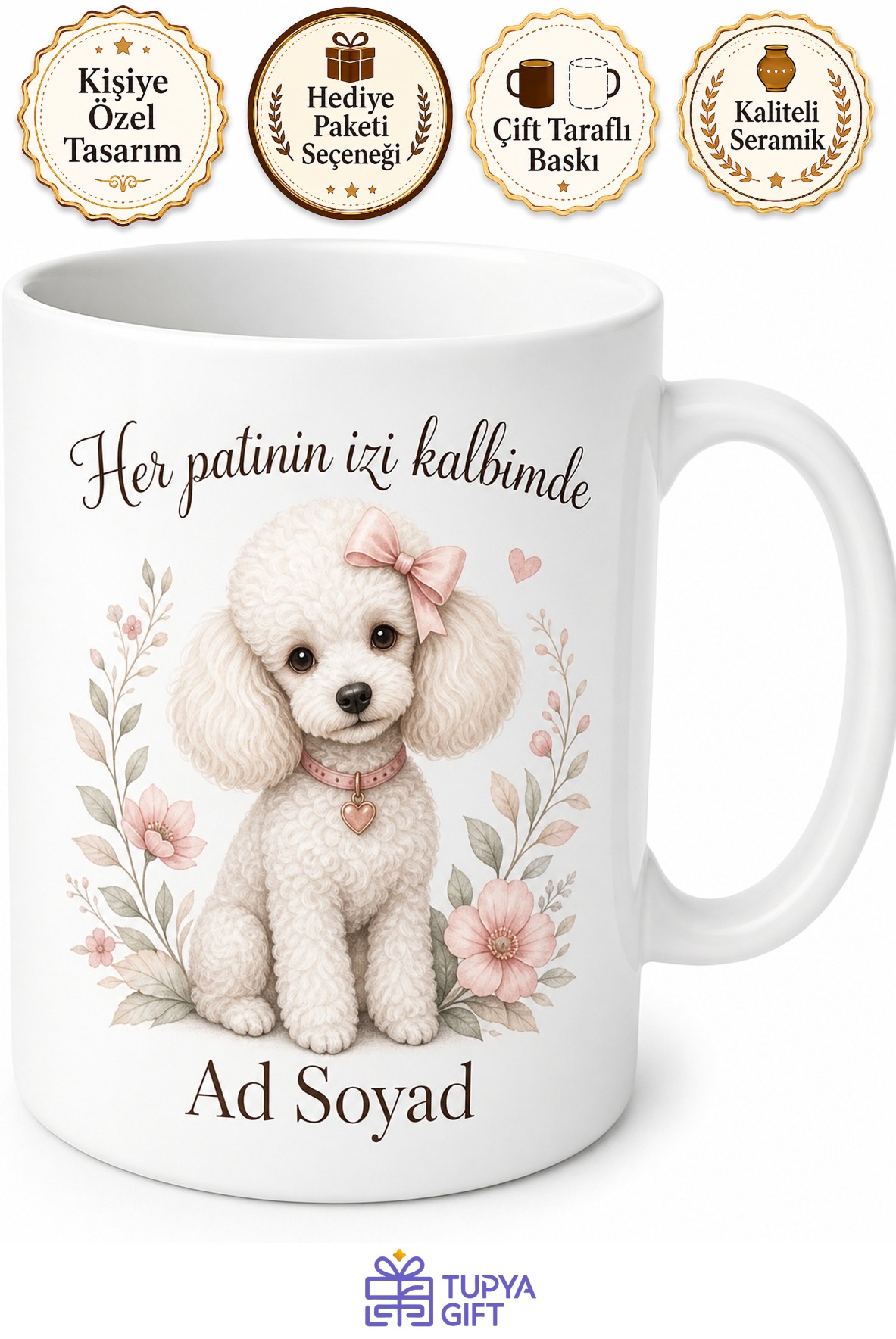 İsme Özel Poodle Desenli Kupa Bardak Köpek Severlere Özel Tasarım Hediye