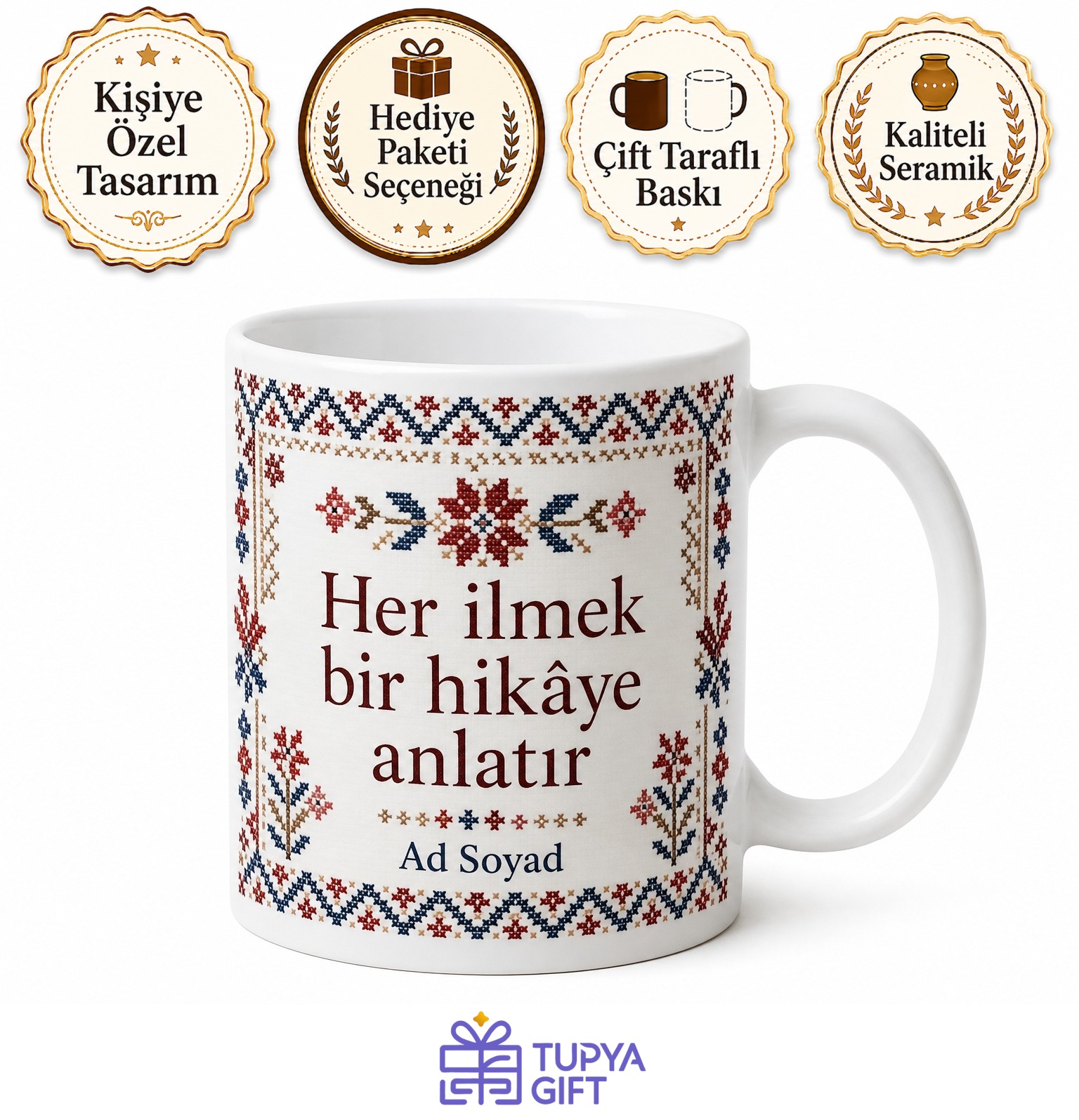 Kanaviçe İşleyenlere Çarpı İşareti Ve Geleneksel Motif Çay Kupası Hediye Bardak