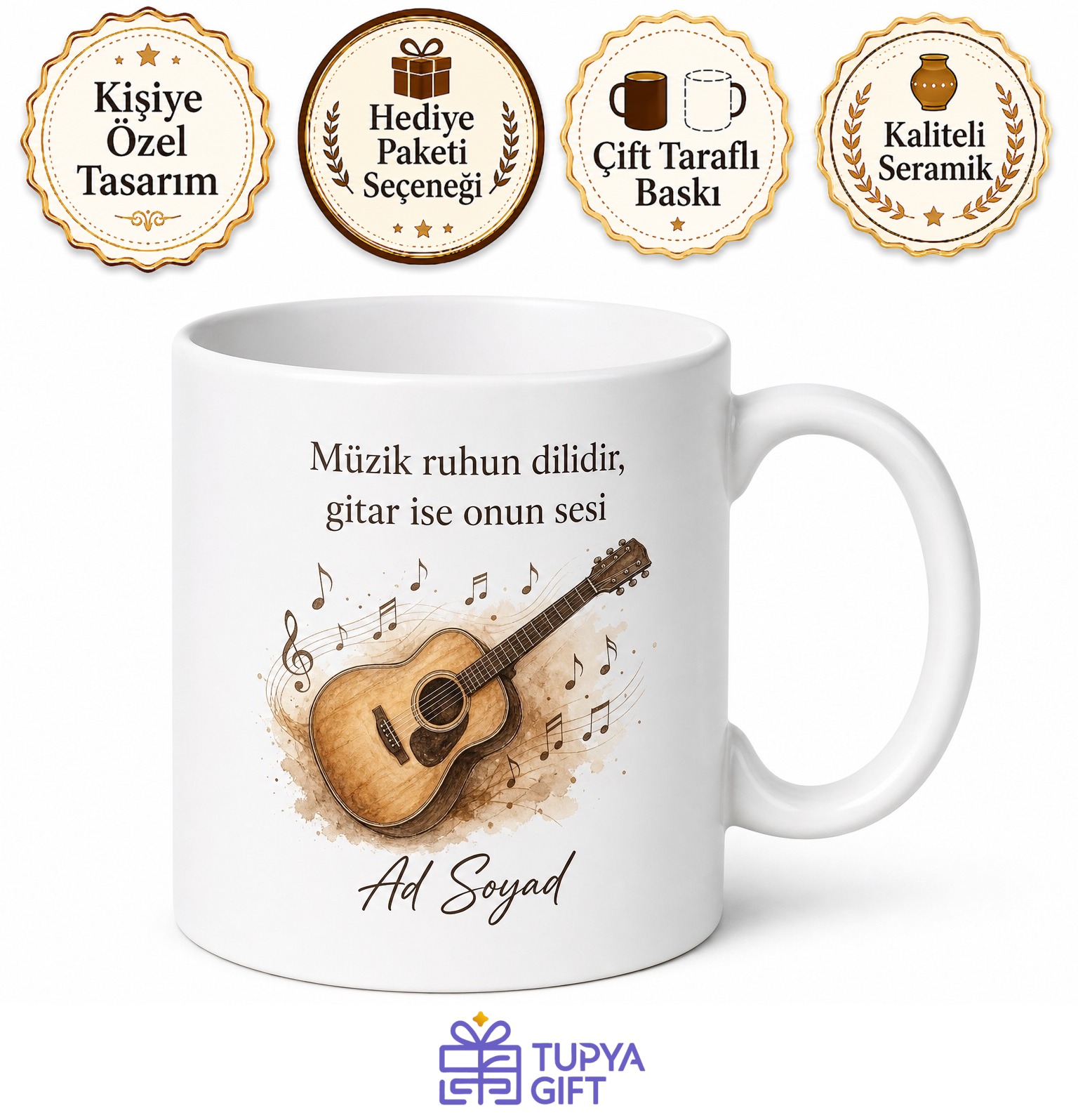 Akustik Gitar Temalı Baskılı Kupa Bardak Müzisyen Hediye Gitarist Kupa