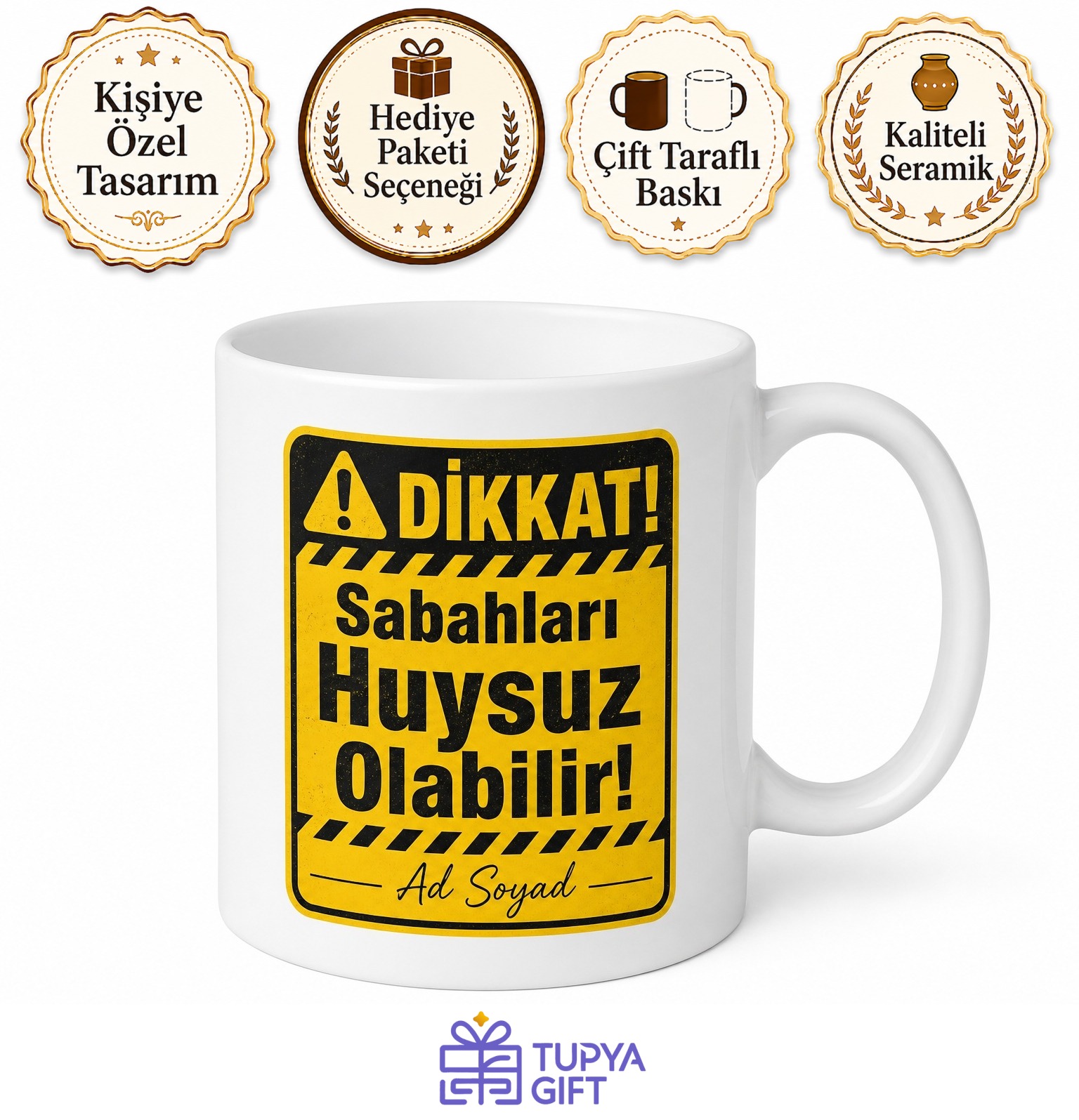 Sabahları Huysuz Olanlara Dikkat Uyarı Levhalı Kupa Bardak Hediye