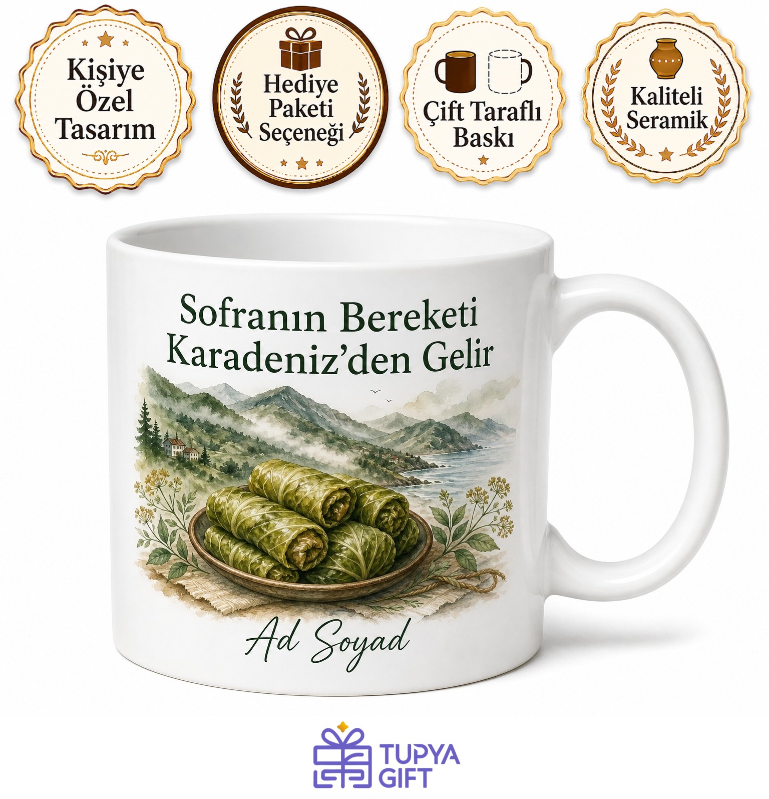Karalahana Sarması Temalı Karadeniz Kupası Baskılı Porselen Kupa Bardak Hediye