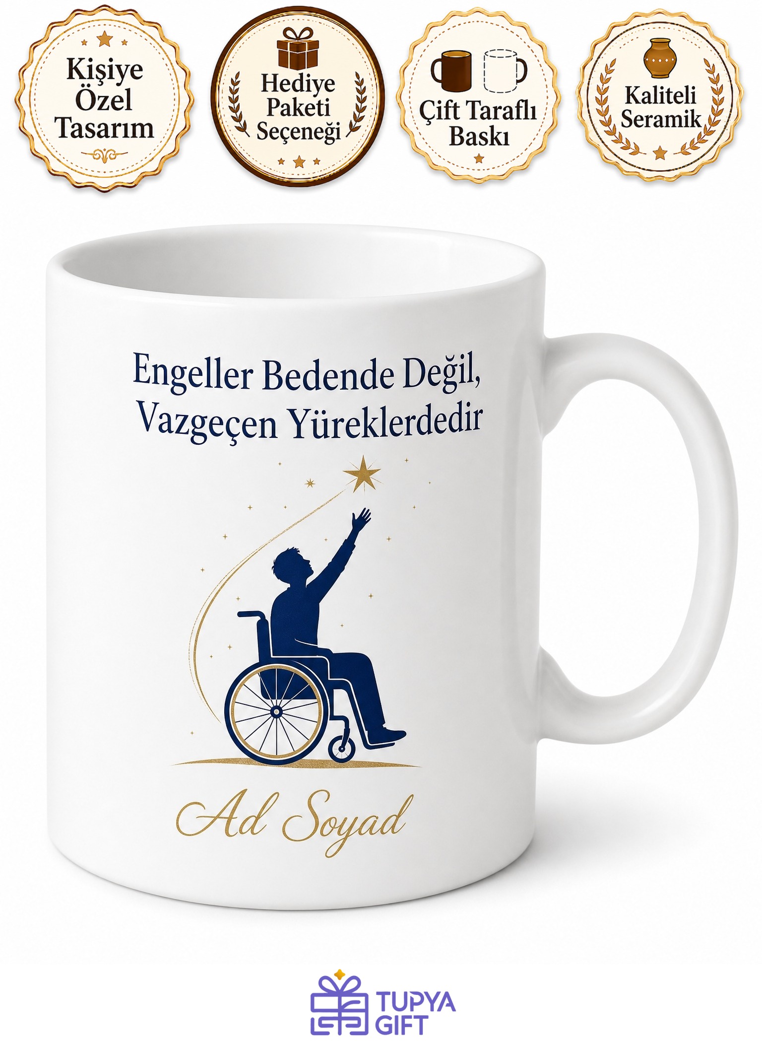 Tekerlekli Sandalye Engelleri Aşan Güçlü İrade Temalı Baskılı Porselen Kupa Bardak Hediye