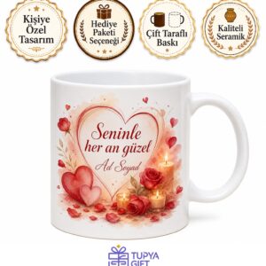 Romantik Kalp Motifli Gül Yaprakları Mum Işığı Aşk Kupası Hediye Bardak
