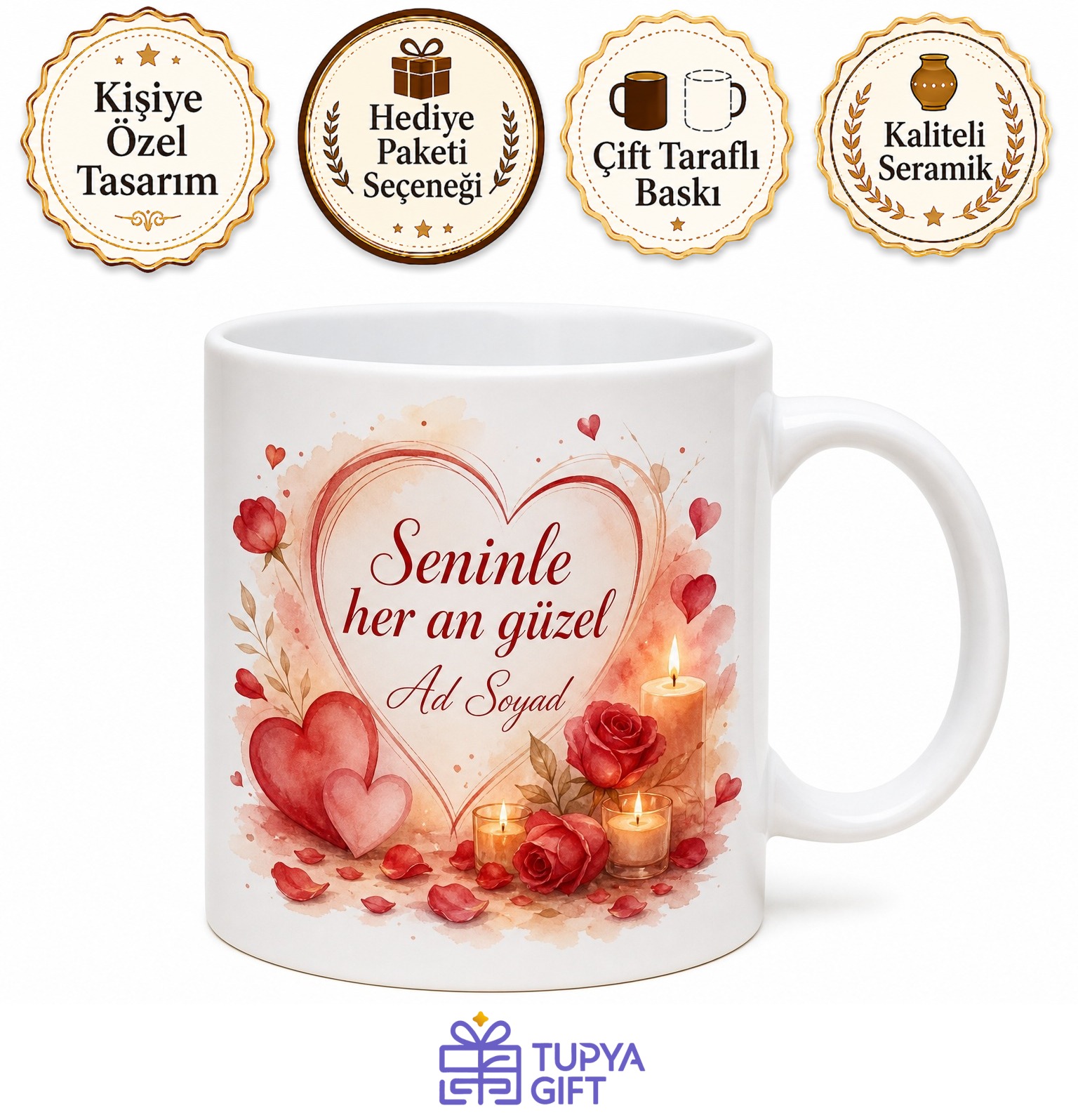 Romantik Kalp Motifli Gül Yaprakları Mum Işığı Aşk Kupası Hediye Bardak