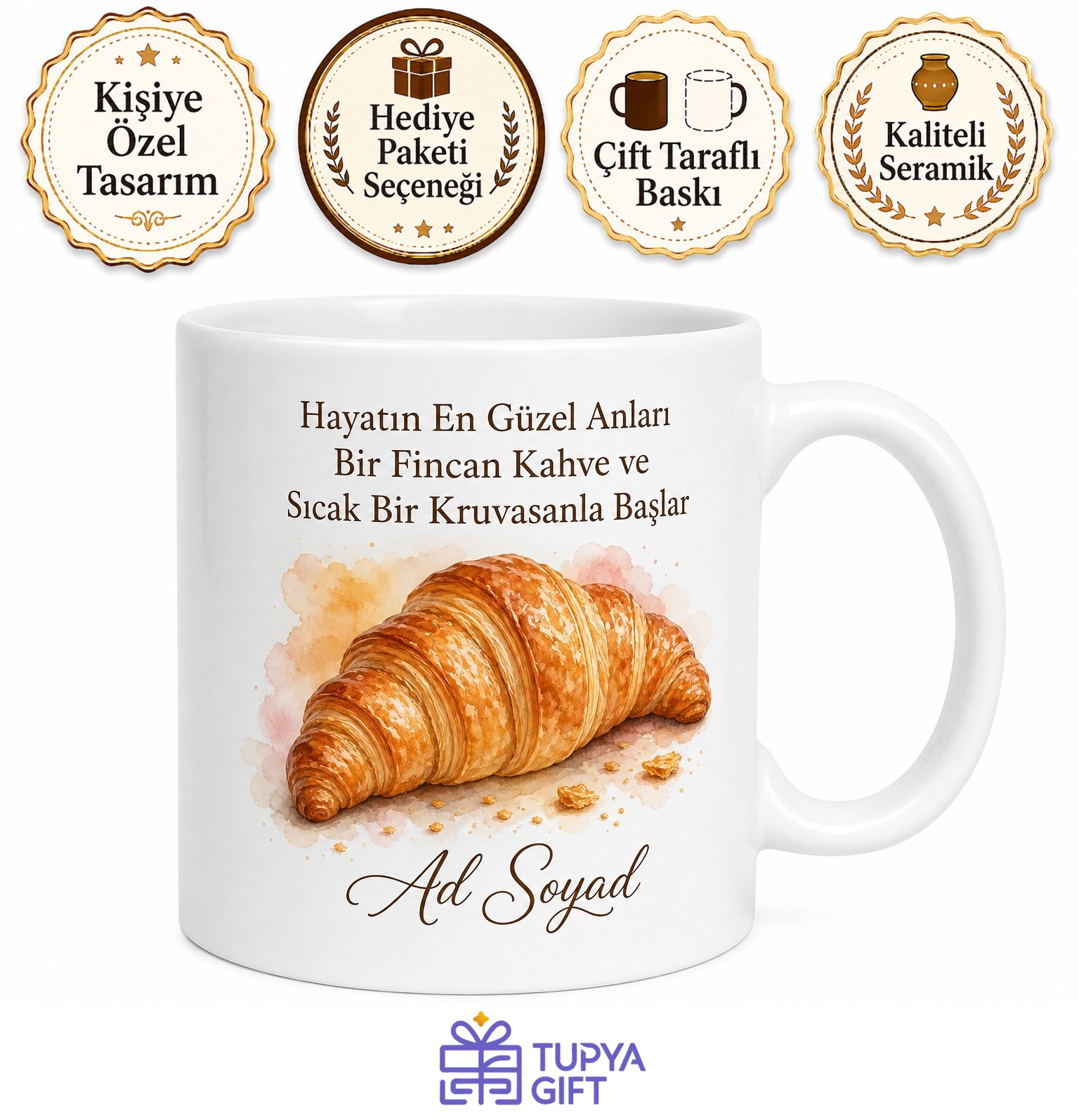 Kruvasan Temalı Baskılı Kupa Bardak Hediye Kahvaltı Severler İçin Özel Tasarım