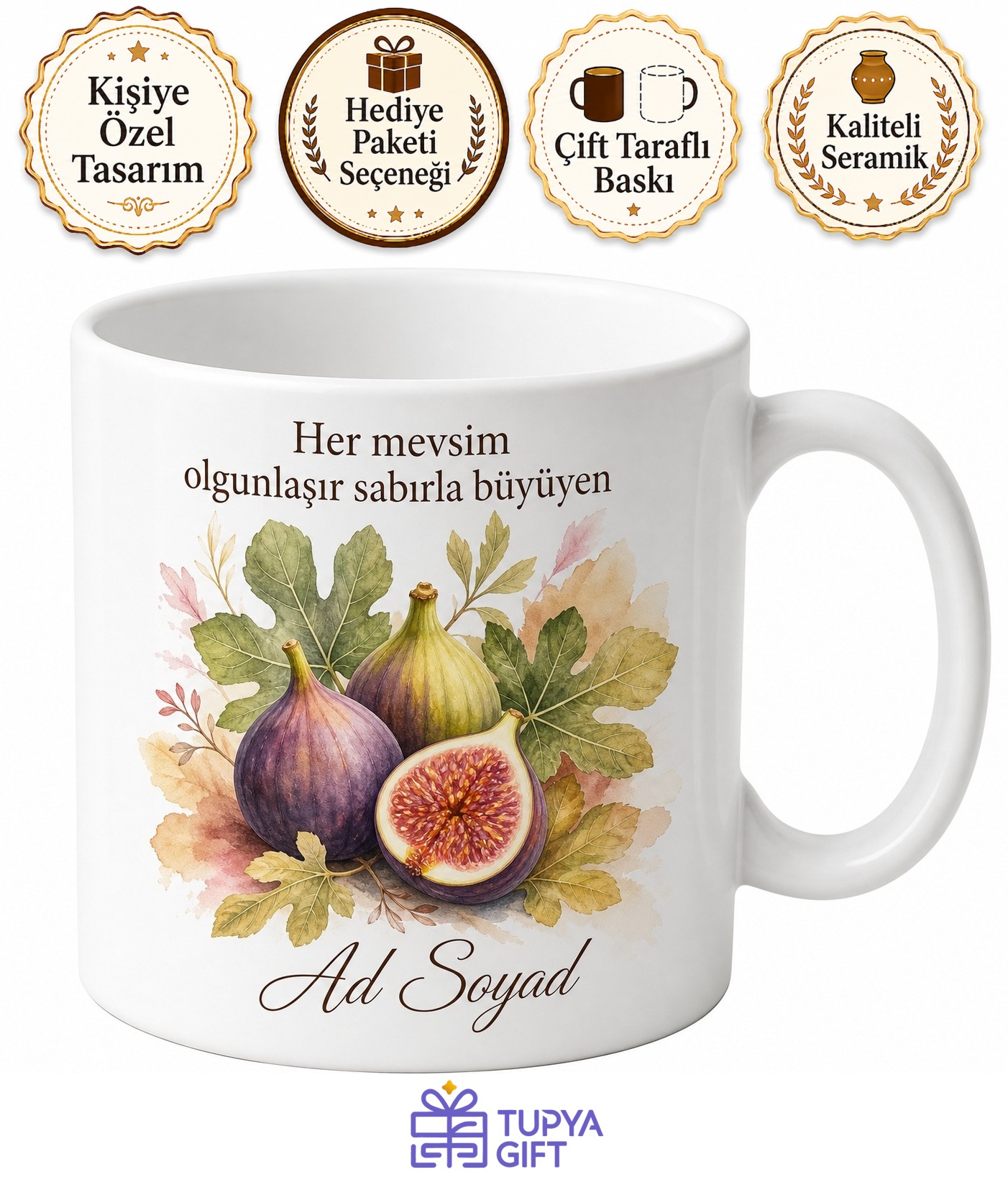 İncir Temalı Özel Tasarım Baskılı Kupa Bardak Hediye Porselen Mug