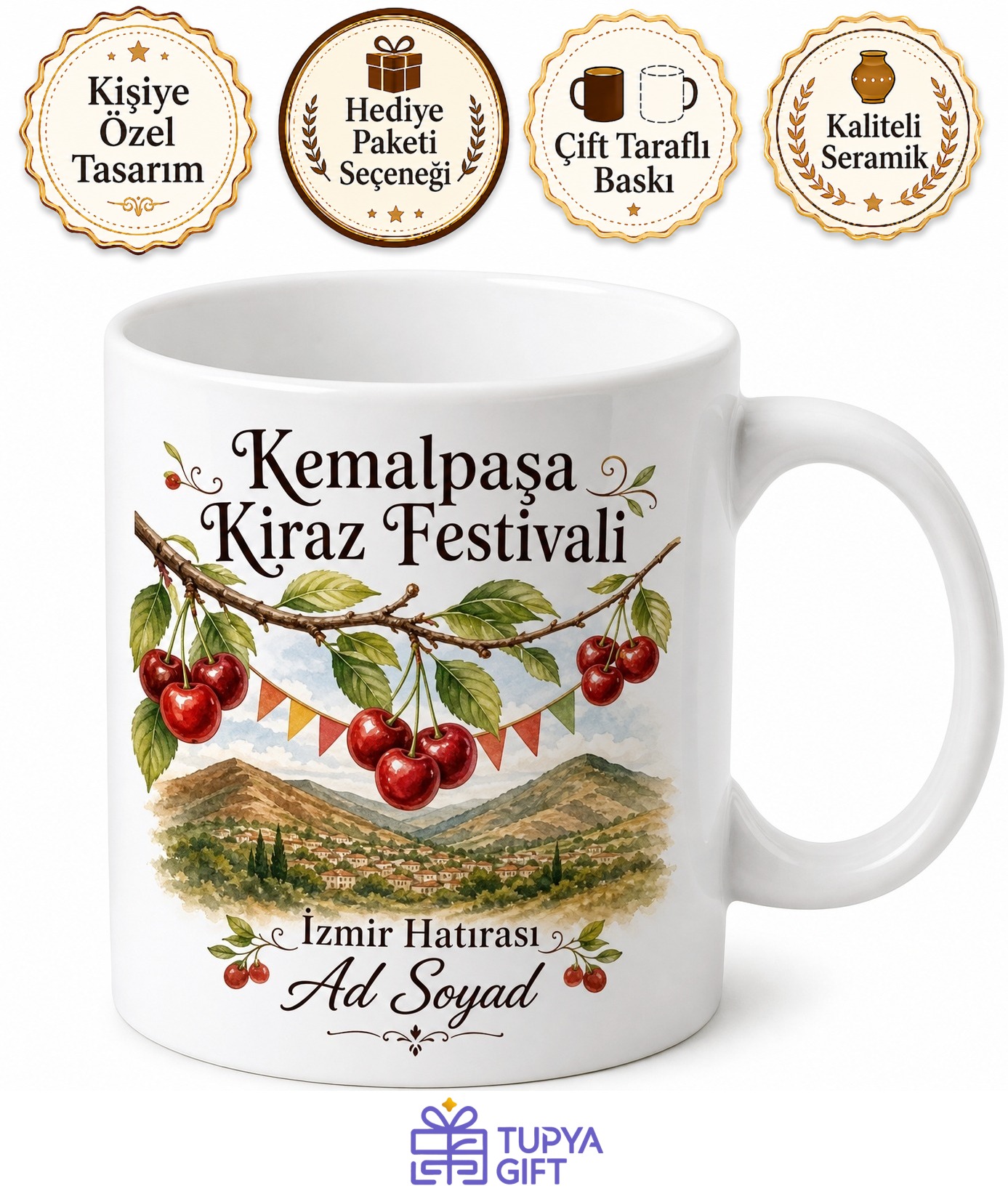 Kemalpaşa Kiraz Festivali İzmir Hatırası Seramik Kupa Bardak Hediye