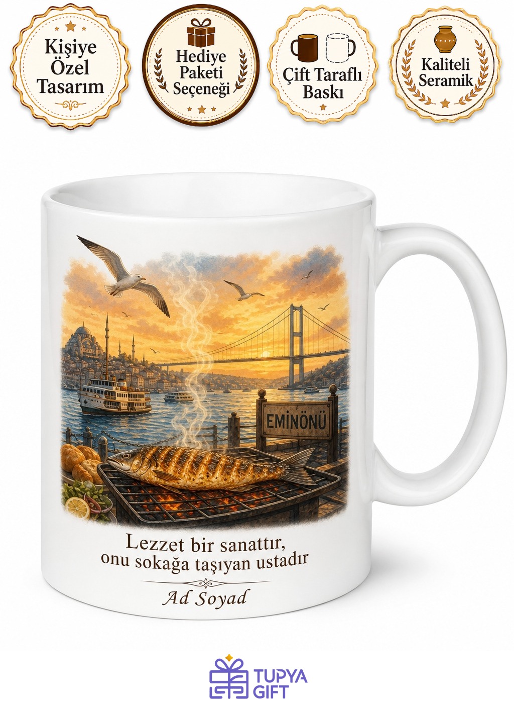 Balık Ekmekçiye Izgara Balık Eminönü Ruhu Boğaz Köprüsü Lezzeti Kupa Bardak Hediye