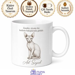 İsme Özel Sphynx Kedi Desenli Baskılı Kupa Bardak Hediye Porselen Mug