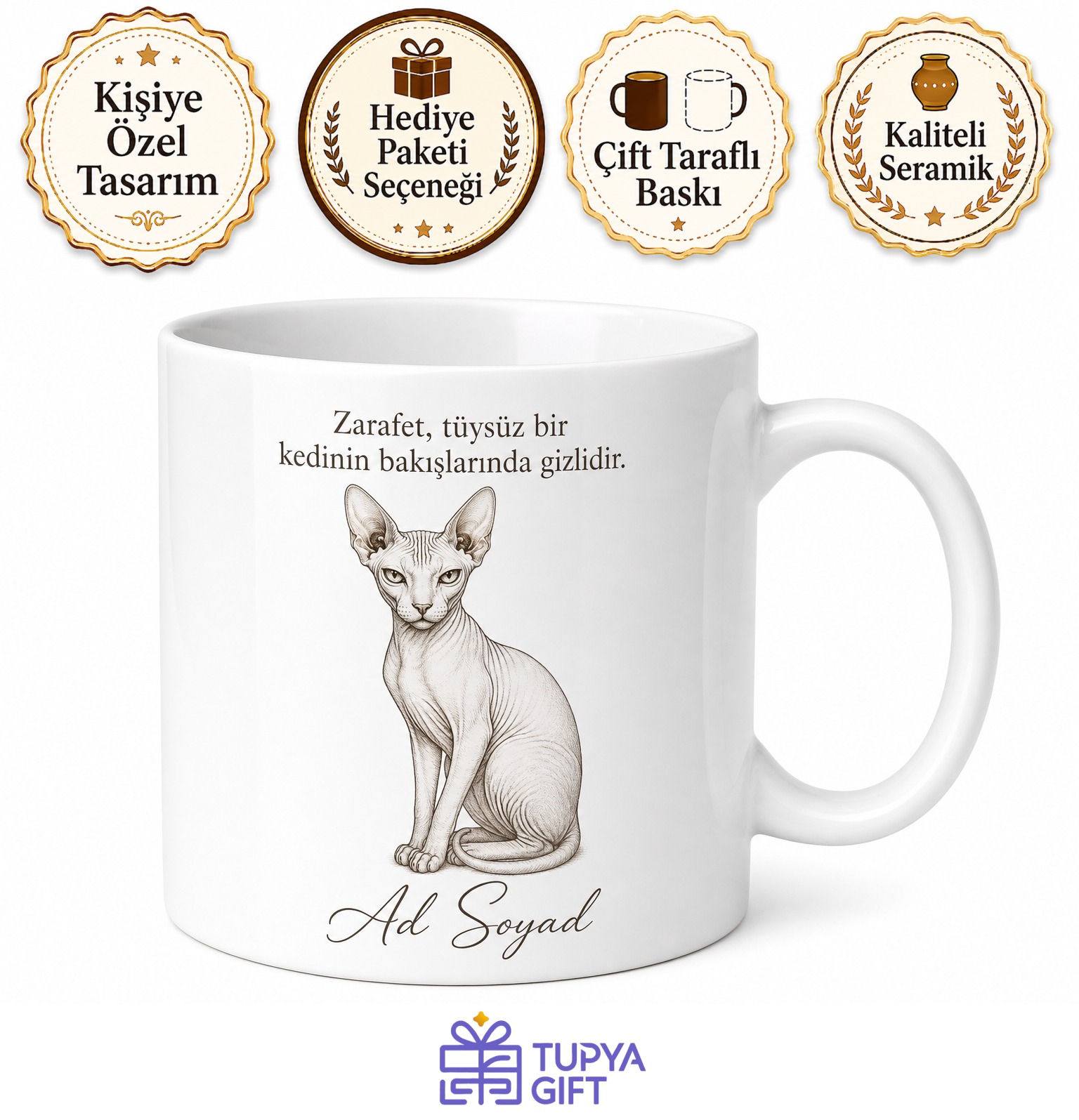 İsme Özel Sphynx Kedi Desenli Baskılı Kupa Bardak Hediye Porselen Mug