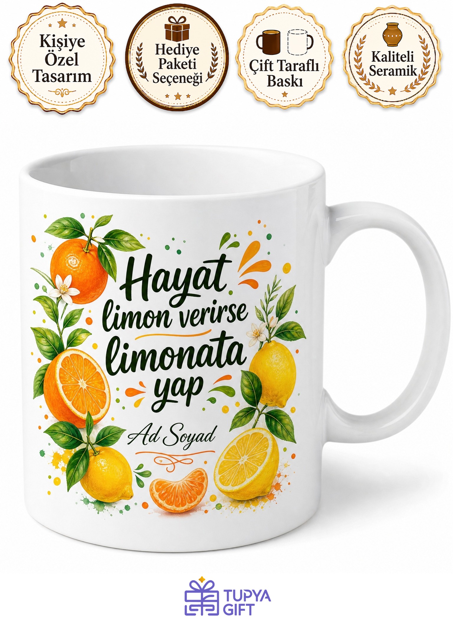 Mandalinalı Limonlu Ferahlık Veren Canlı Renkli Yaz Kupası Hediye Bardak