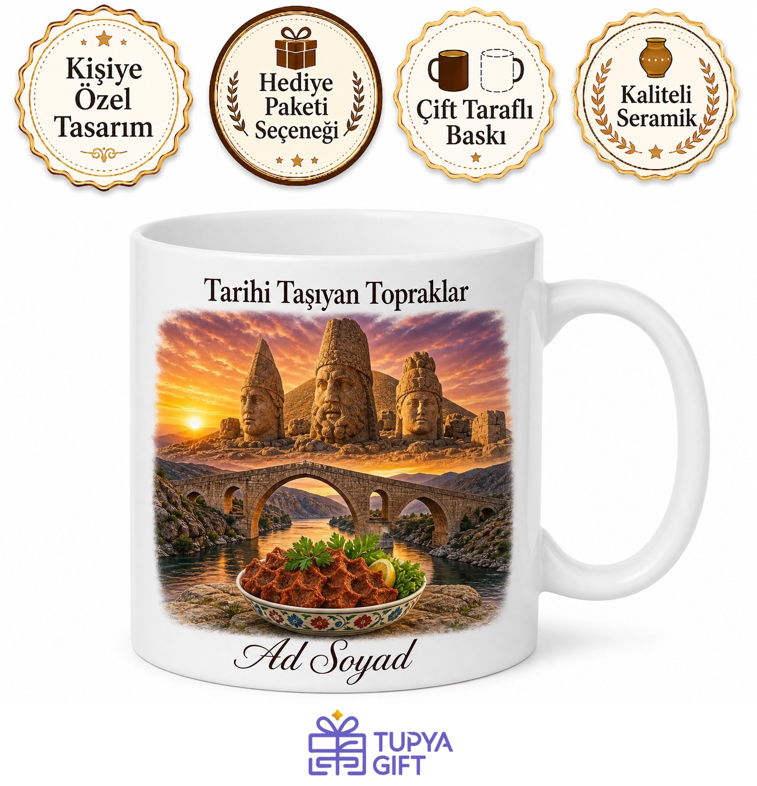 Adıyaman Nemrut Dağı Cendere Köprüsü Kommagene Çiğköfte Temalı Porselen Kupa Hediye Bardak