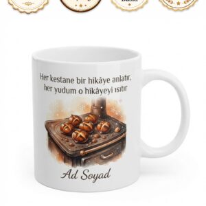 Kestane Temalı Kış Kupası Çizik Kestane Soba Üstü Kestane Şekeri Hediye Bardak