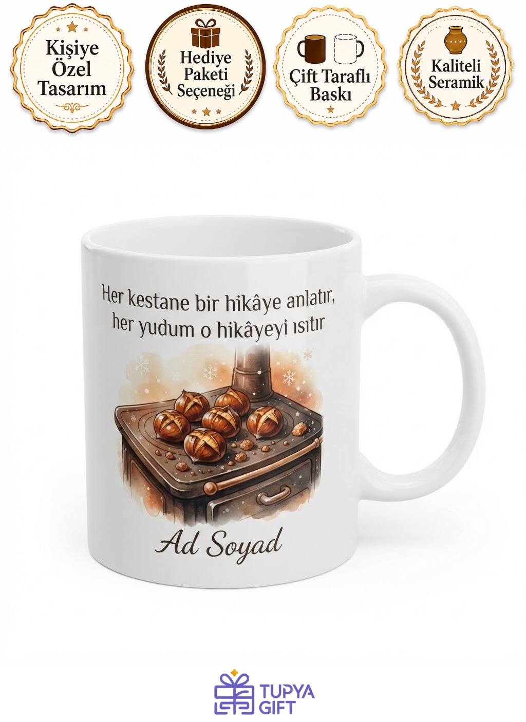 Kestane Temalı Kış Kupası Çizik Kestane Soba Üstü Kestane Şekeri Hediye Bardak