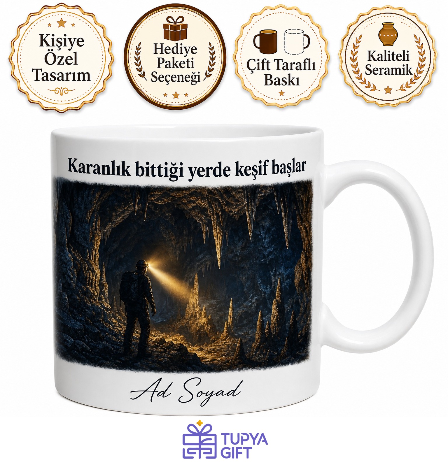 Yeraltı Kaşifi Sarkıt Dikit Mağara Araştırması Kafa Lambası Karanlık Keşif Kupa Hediye Bardak