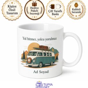 Minibüs Silüetli Baskılı Kupa Bardak Hediye Nostaljik Tasarım Porselen Mug