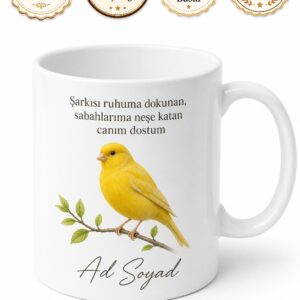Kanarya Temalı Baskılı Kupa Bardak Hediye Kuş Severler İçin Özel Tasarım
