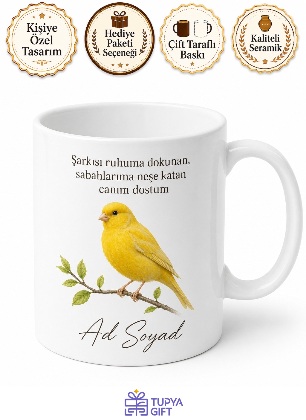 Kanarya Temalı Baskılı Kupa Bardak Hediye Kuş Severler İçin Özel Tasarım