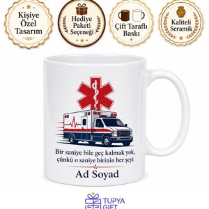 Ambulans Şoförüne Hediye 112 Acil Çağrı Hayat Kurtaran Saniye Baskılı Porselen Kupa Bardak