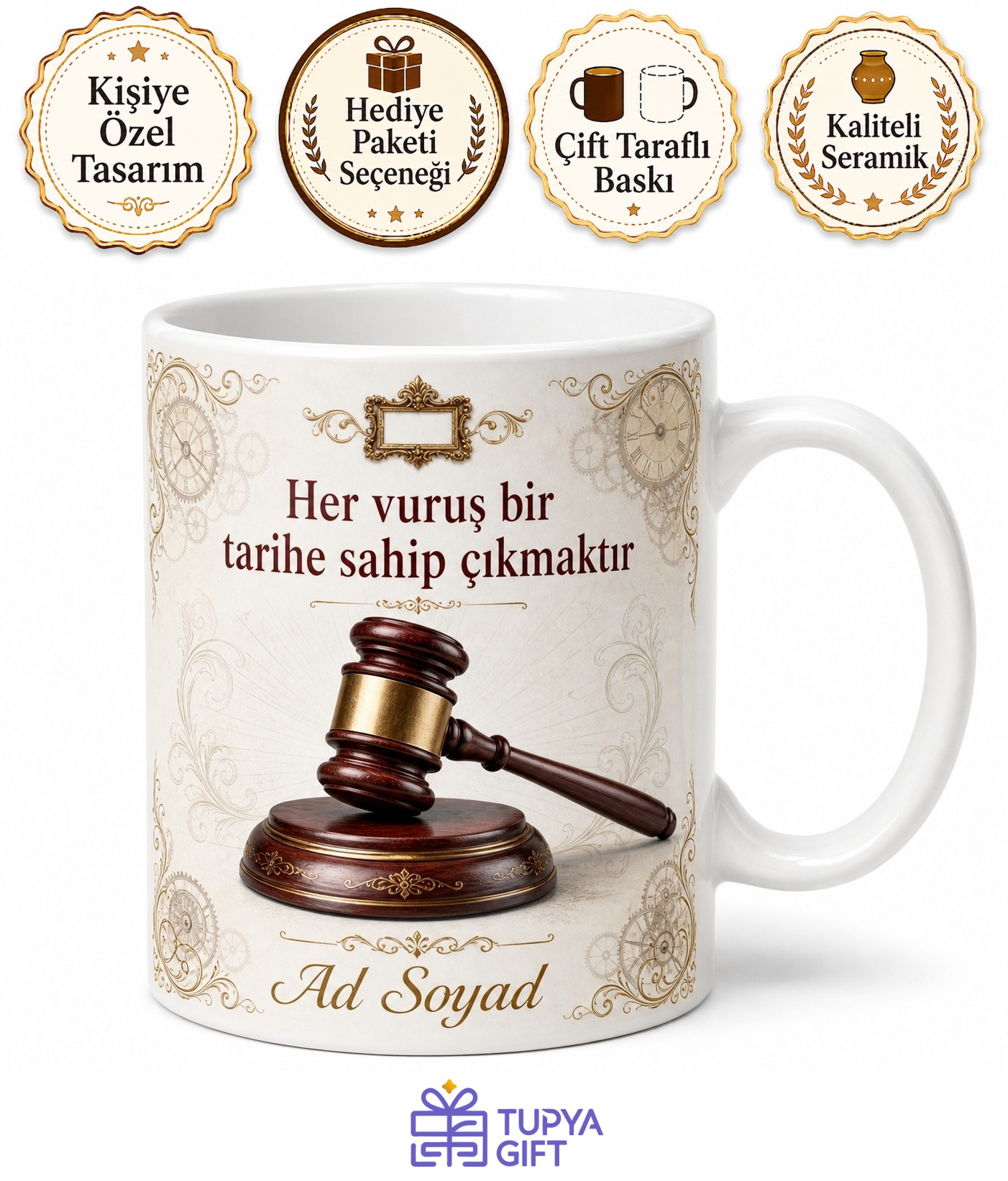 Müzayede Yöneticisine Hediye Antika Değer Çekiç Vuran Baskılı Kupa Bardak