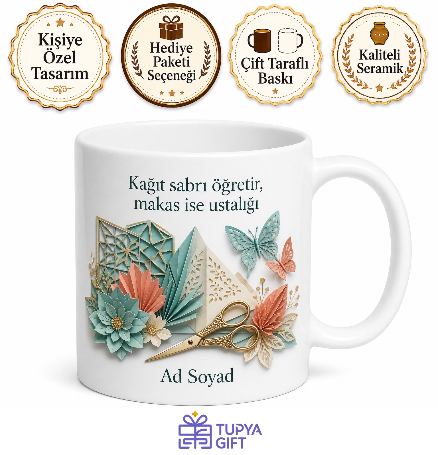 Kirigami Kağıt Kesme Sanatı 3 Boyutlu Kağıt Sanatı Temalı Baskılı Porselen Kupa Hediye Bardak