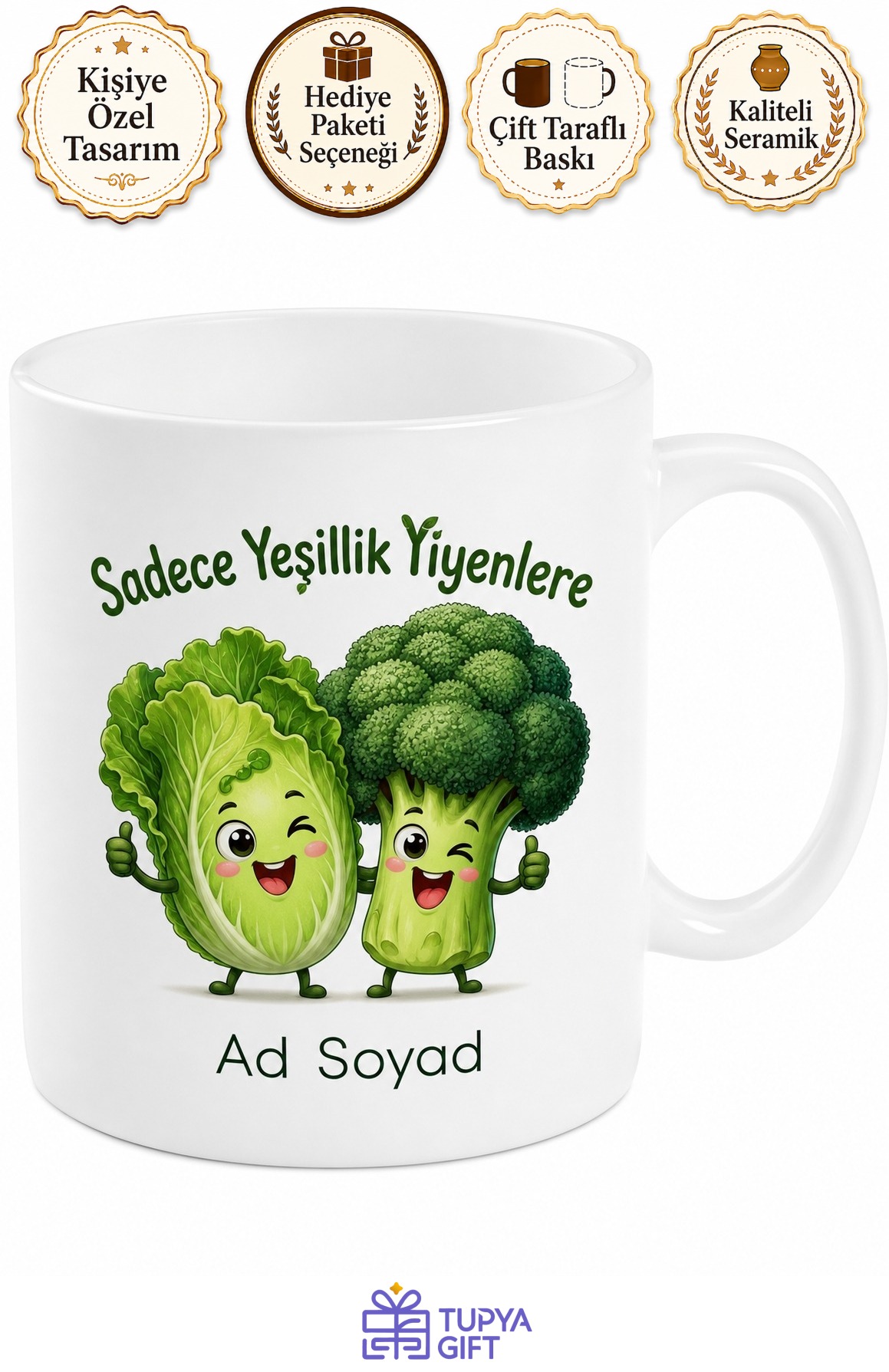 Esprili Vegan Kupa Marul Brokoli Desenli Yeşillik Severlere Özel Hediye Bardak